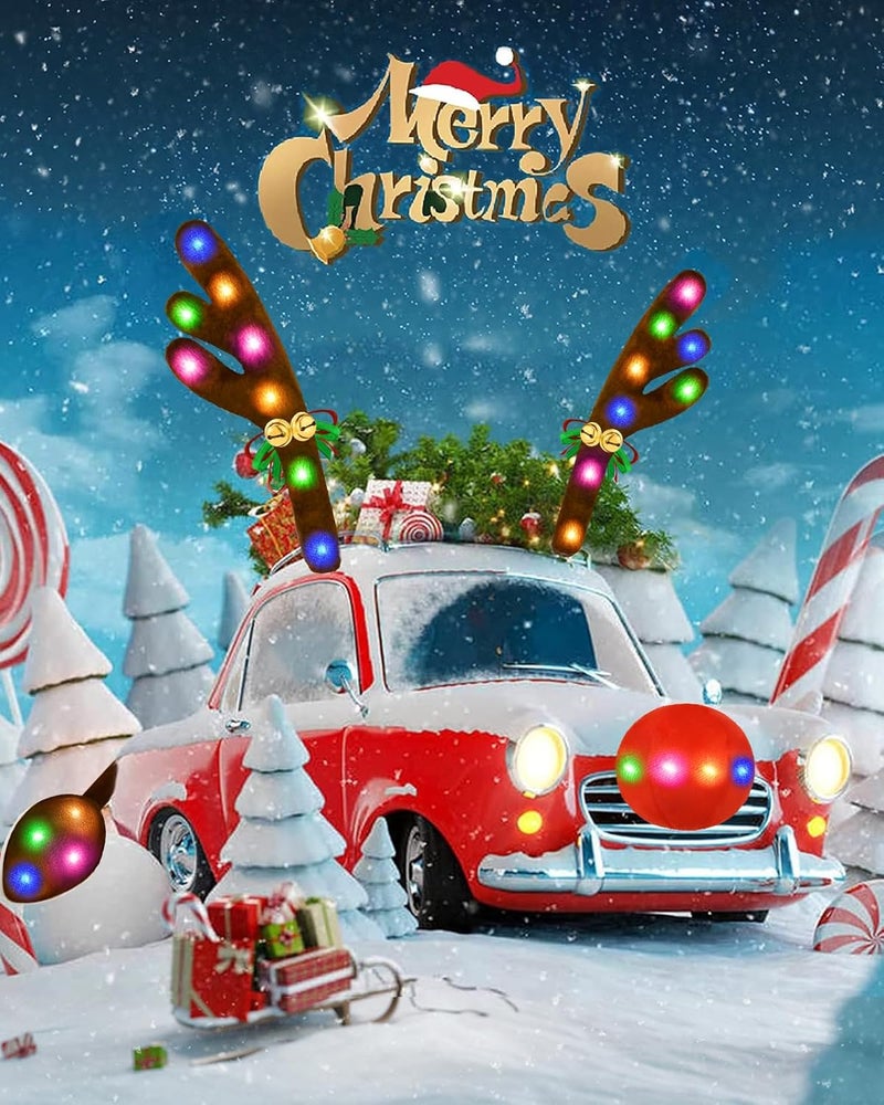 Dergo Christmas Reindeer Antlers Car Decoration Kit, LED Multicolor Lights Nose Vehicle with Jingle Bells Rudolph, Auto Holiday Accessories for SUV Van Truck Decor - Image 2